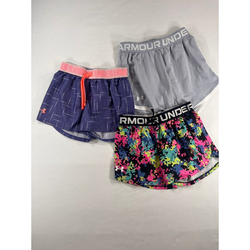 Under Armour Girls HeatGear Athletic Shorts Bundle‎ 3pk Youth Medium Grey Purple